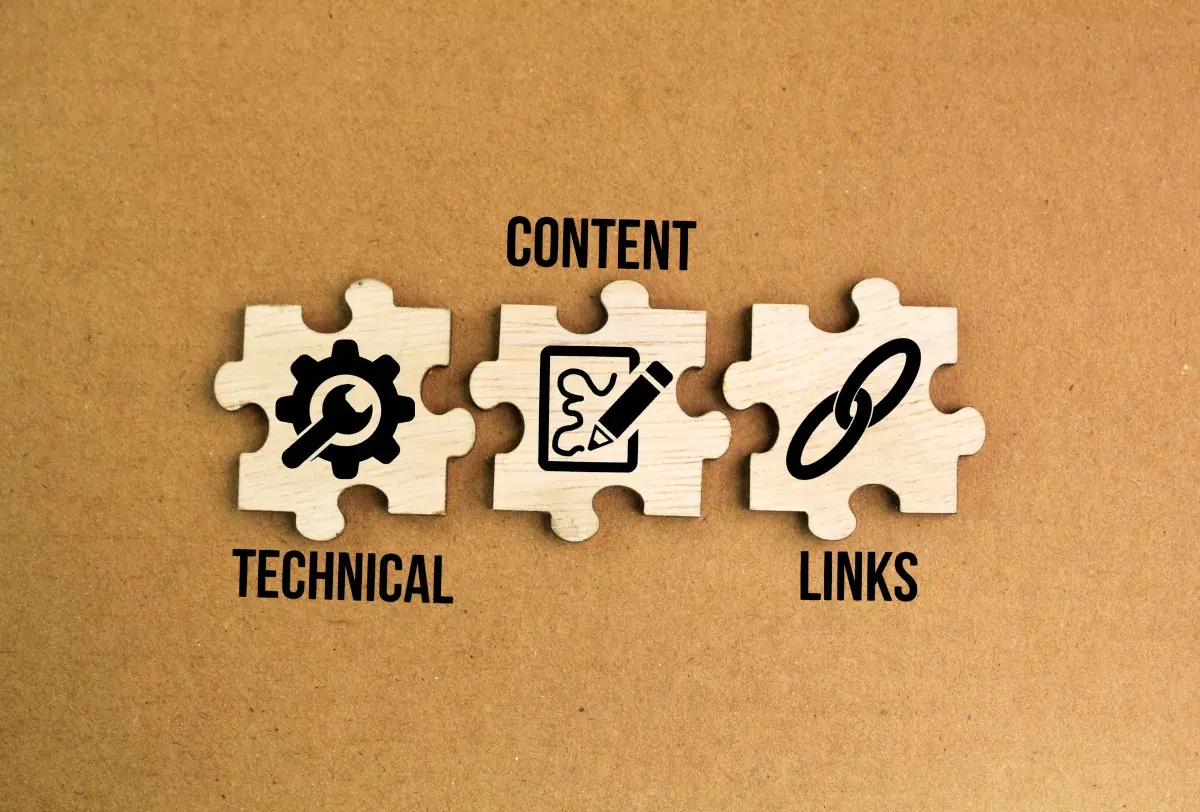 Three pillars of SEO — technical, content, and link building — illustrating the strategic process for building domain authority